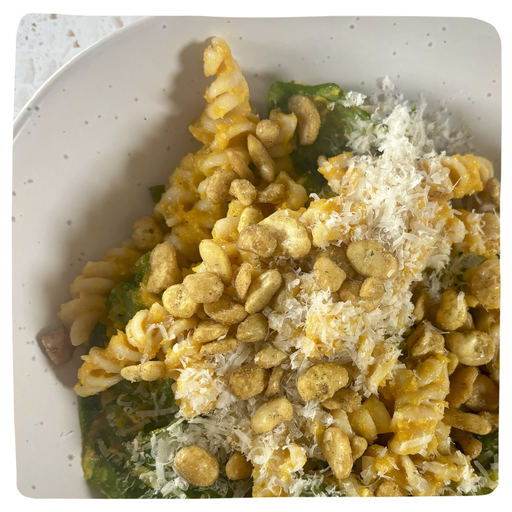 Butternut Squash and Spinach Pasta with Garlic & Herb Fava Beans