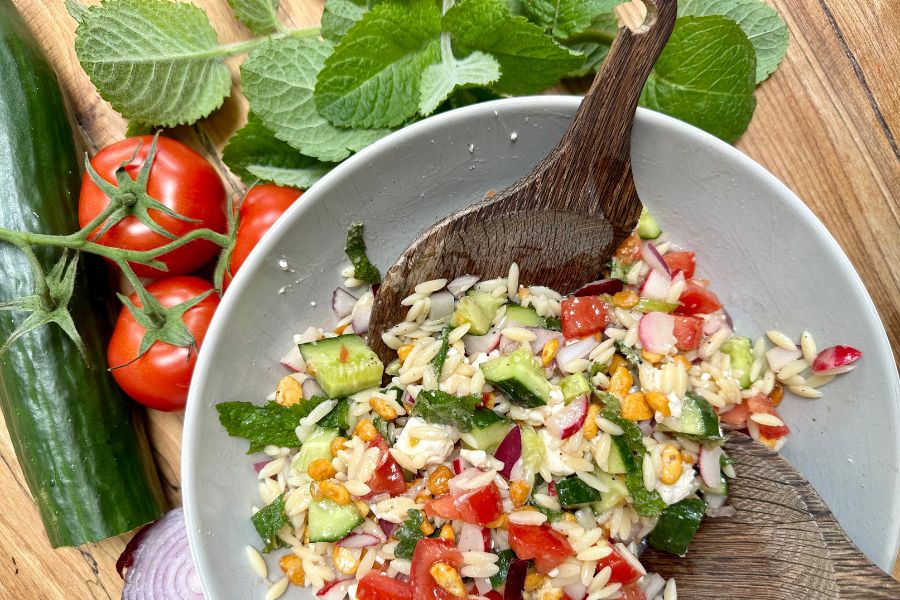 Crunchy Orzo Salad with Barbecue Roasted Fava Beans