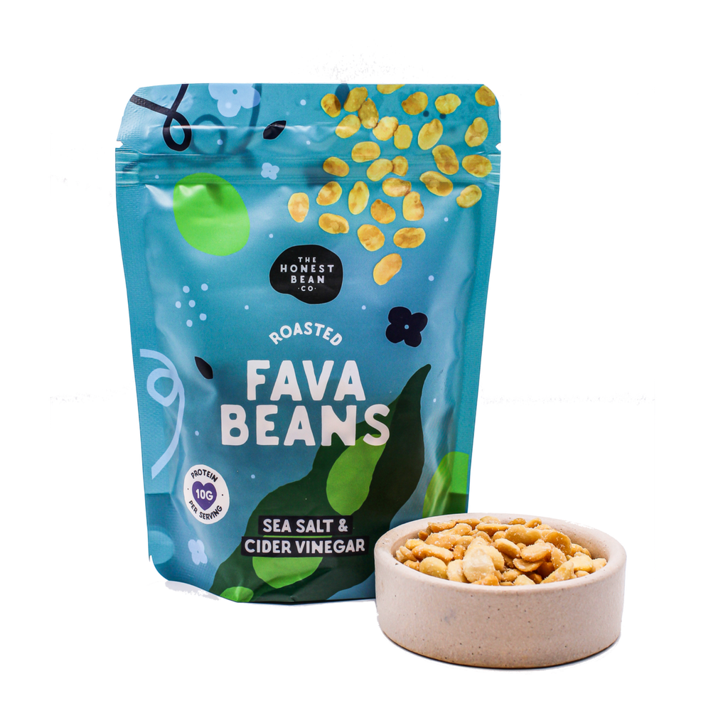 bag of sea salt and cider vinegar fava beans with a bowl of the beans