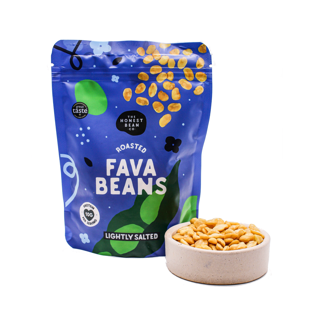 bag of lightly salted fava beans with a bowl of beans
