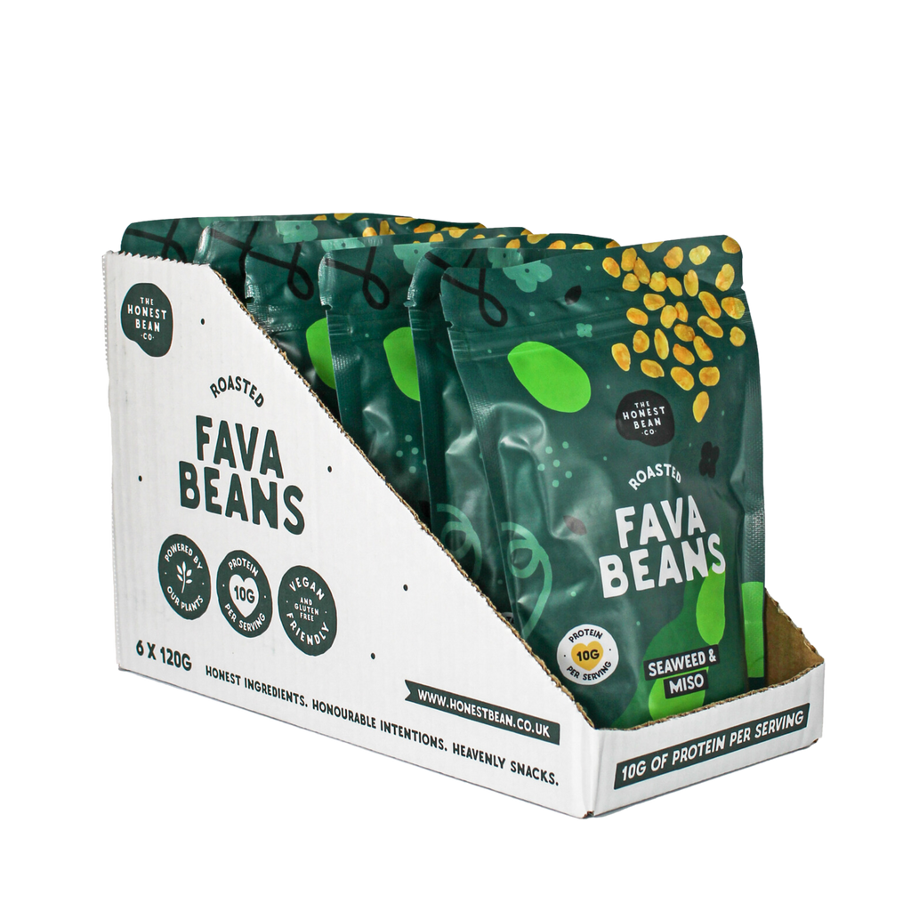 case of seaweed and miso fava beans in box