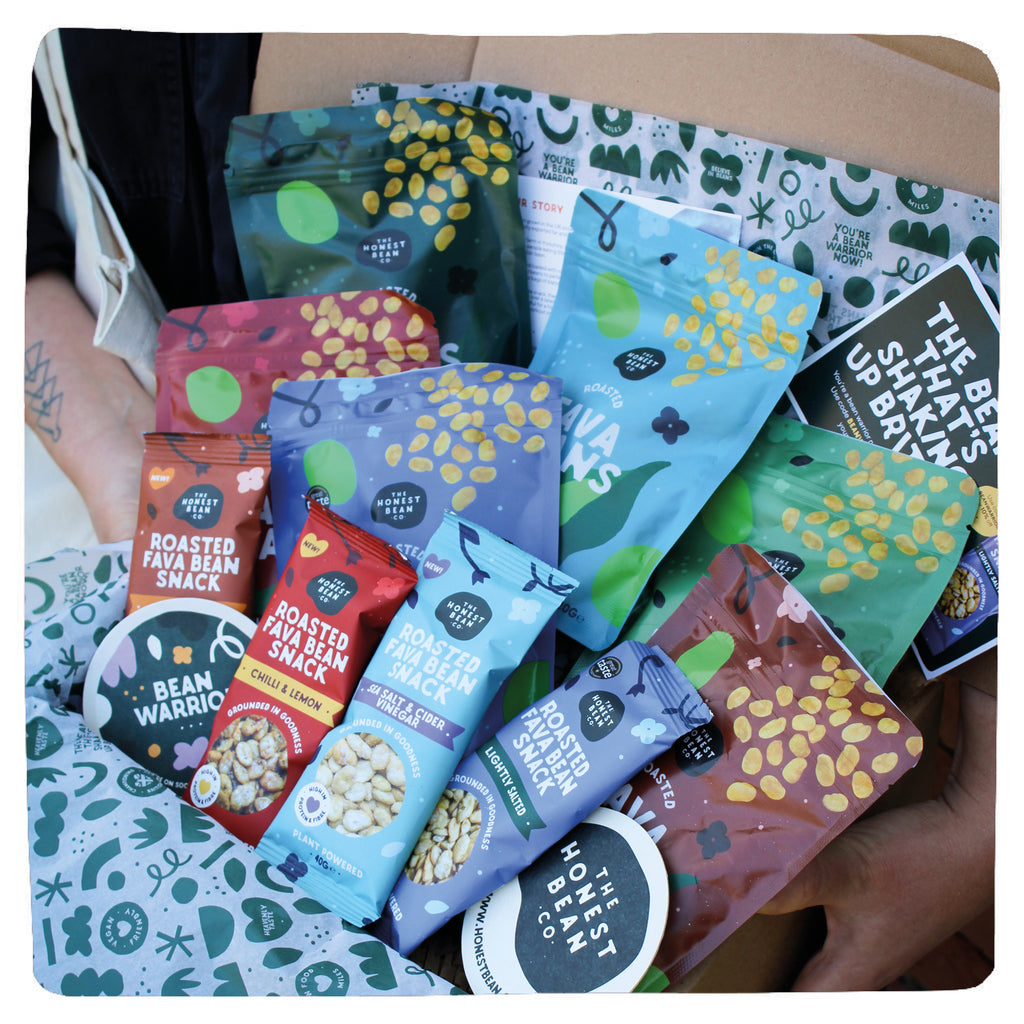 The honest bean gift box backed with roasted fava beans